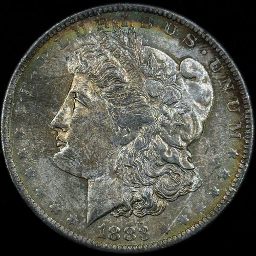 1883-O Morgan Silver Dollar Raw About Uncirculated Slider Original Toned Rainbow