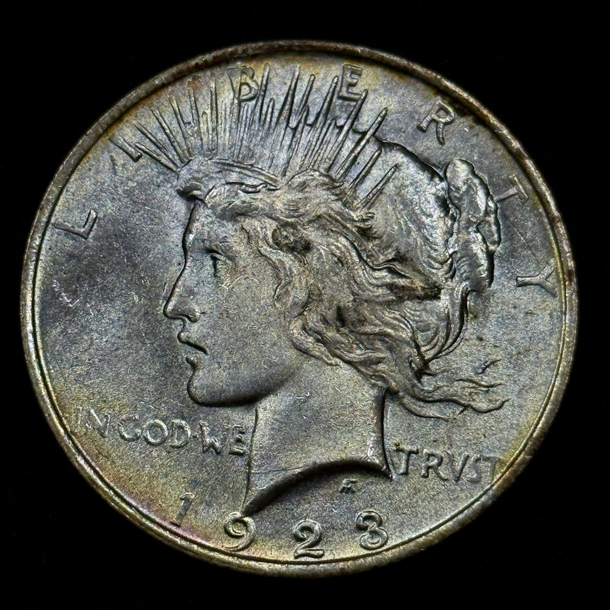 1923 Peace Silver Dollar Raw Uncirculated Rainbow Pastel Toned