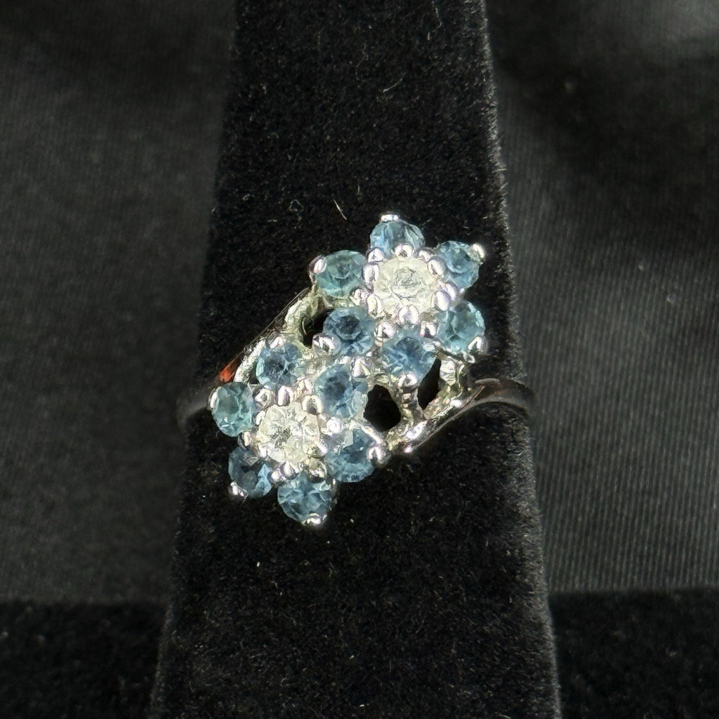 Estate Sterling Silver Ring Double Flower Cluster Blue Size 6 925