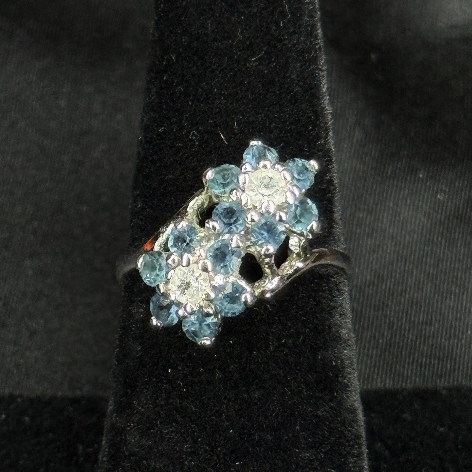 Estate Sterling Silver Ring Double Flower Cluster Blue Size 6 925