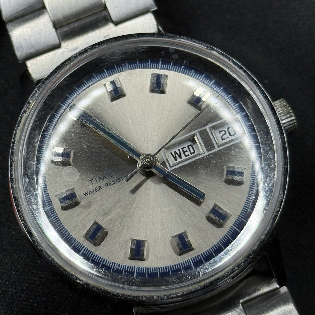 Timex 1973 Marlin Day Date Men’s Watch Manual Wind 34mm Stainless Blue Accents