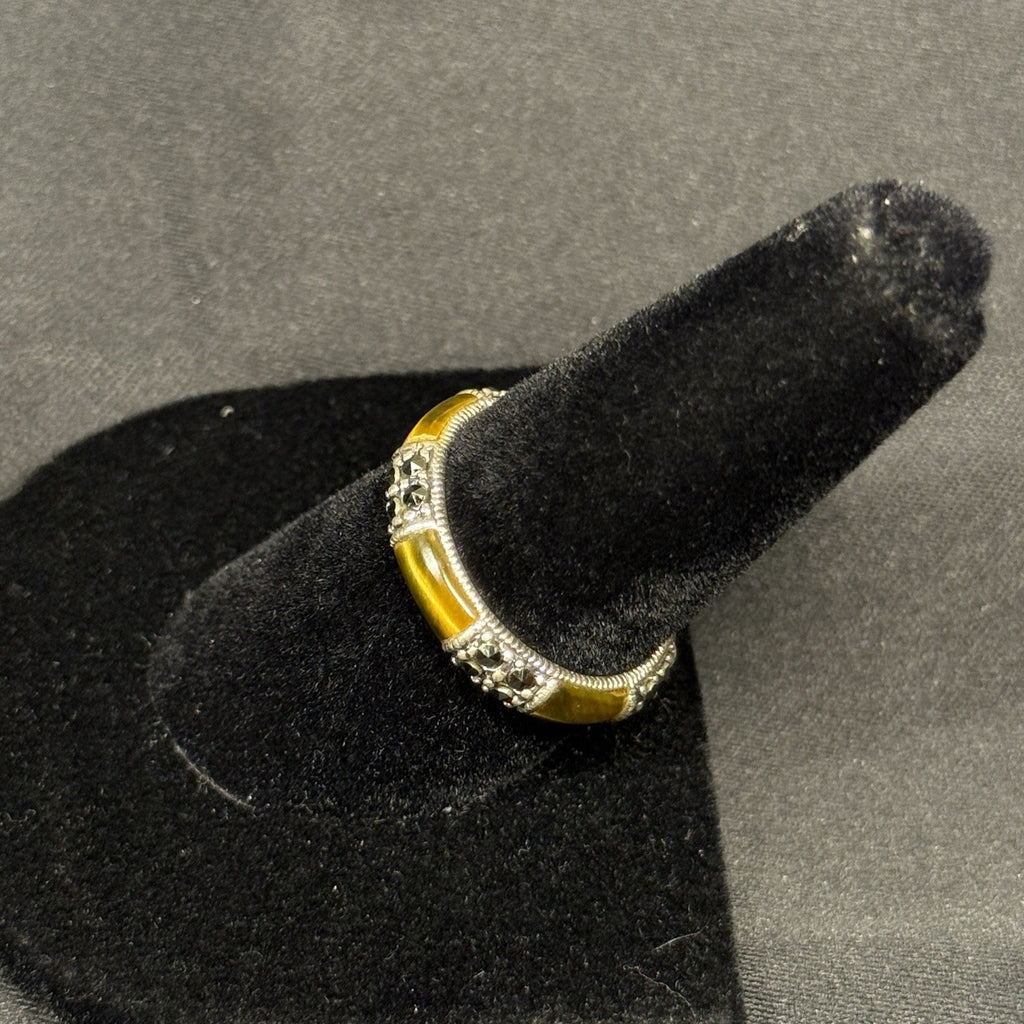 Estate Sterling Silver Ring Tiger Eye Inlay And Marcasite Size 8 925