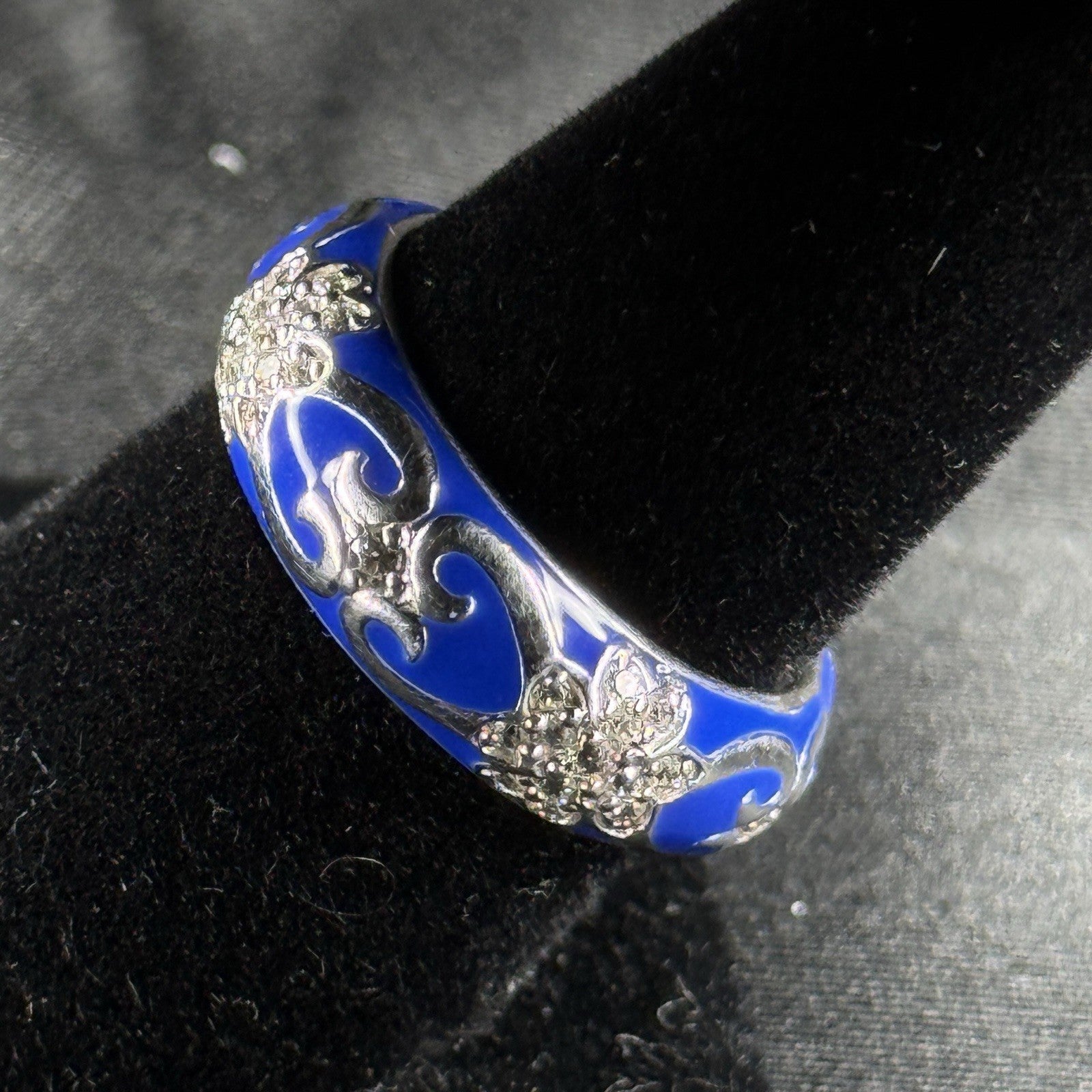 Estate Sterling Silver Ring Blue Enamel CZ Floral Size 7 925