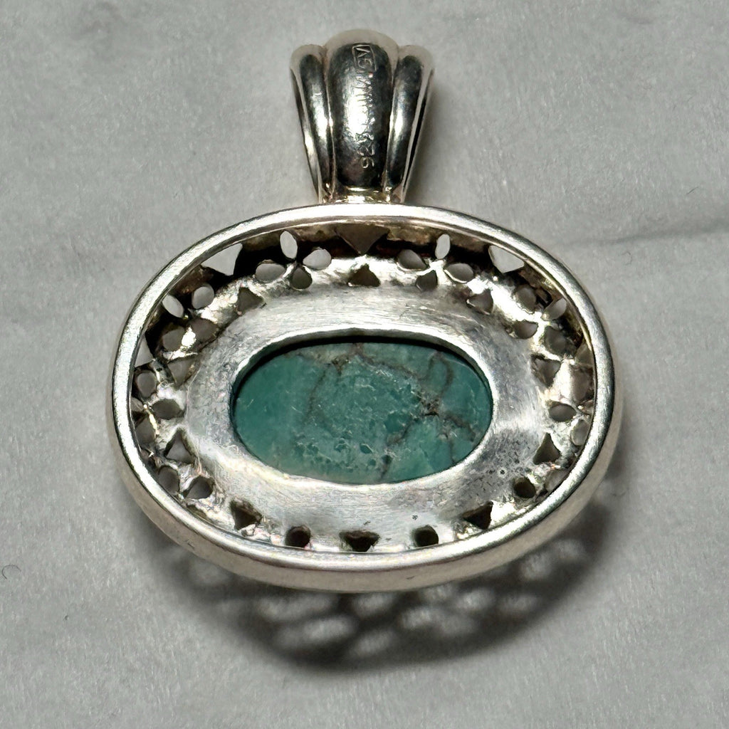 Sterling Silver Oval Turquoise Pendant Ornate Border Stamped 925