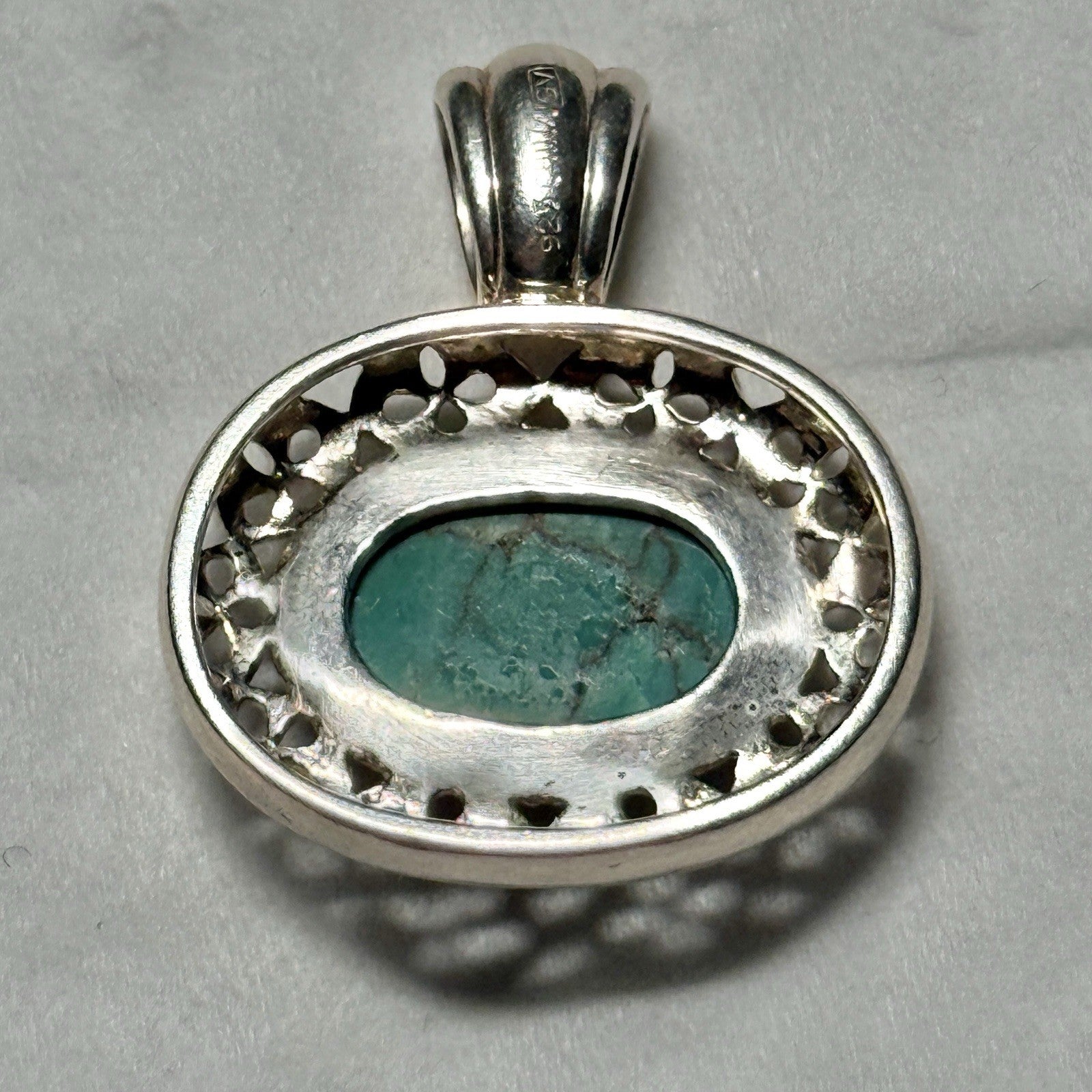 Sterling Silver Oval Turquoise Pendant Ornate Border Stamped 925