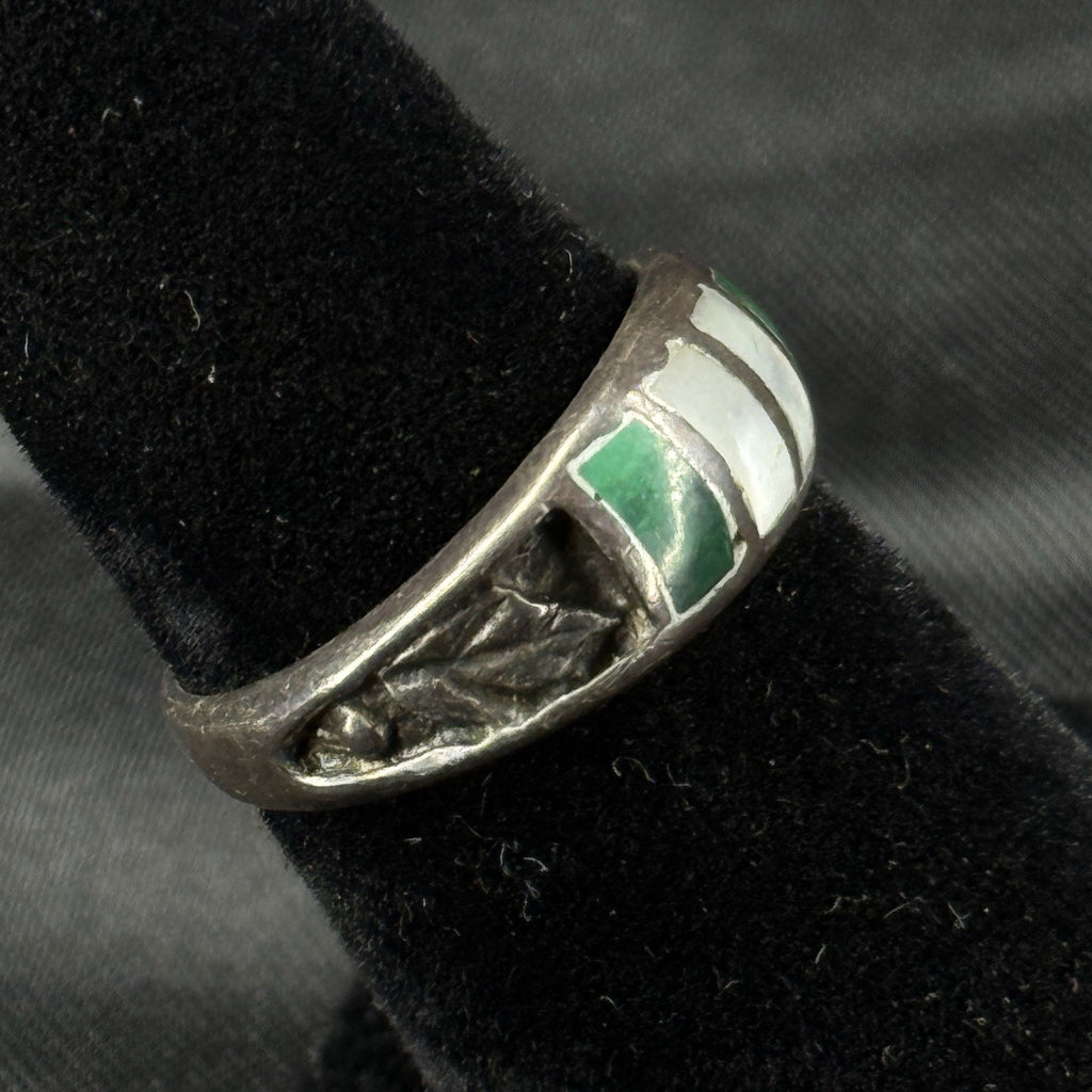 Estate Sterling Silver Ring Malachite Mother Of Pearl Inlay Size 6 925