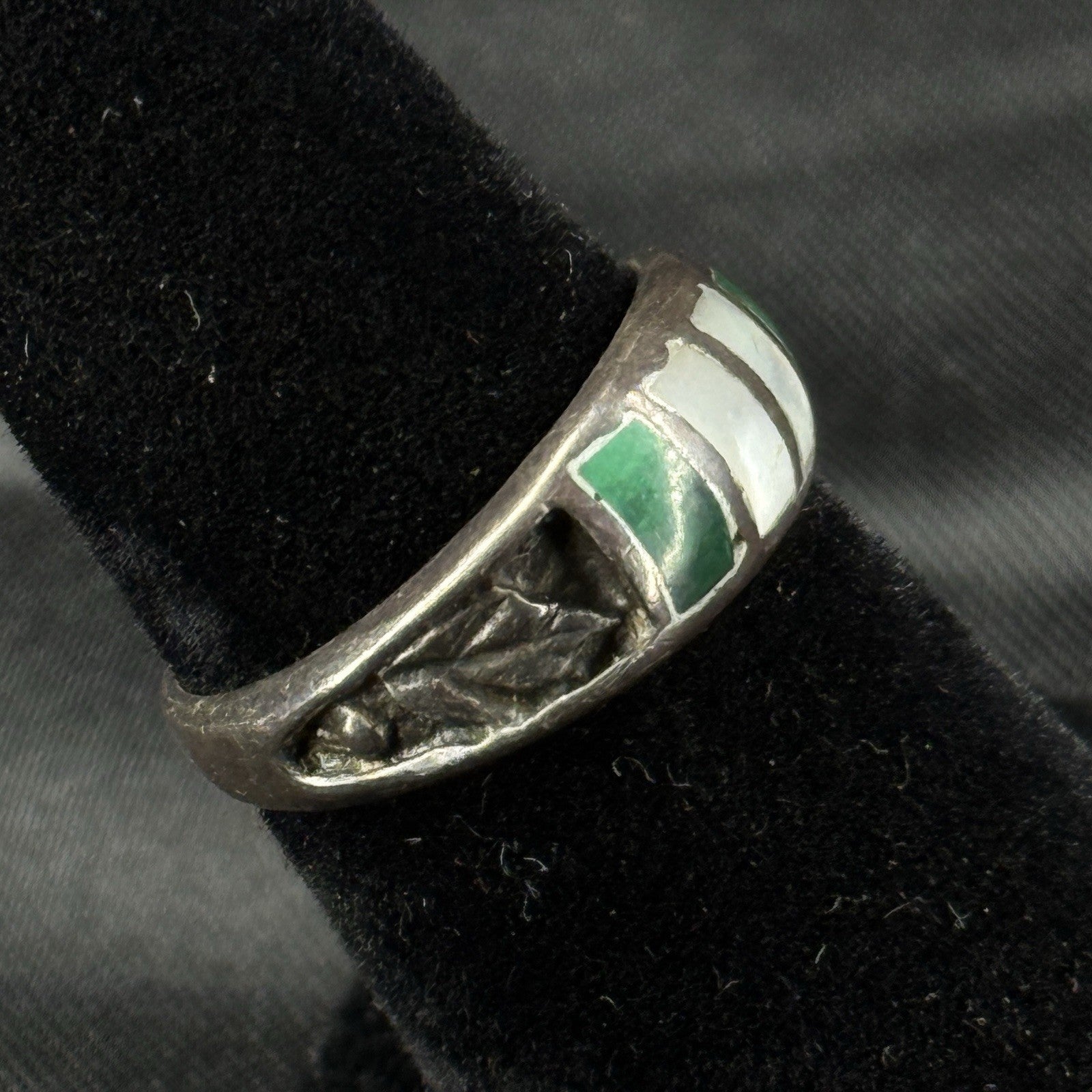 Estate Sterling Silver Ring Malachite Mother Of Pearl Inlay Size 6 925