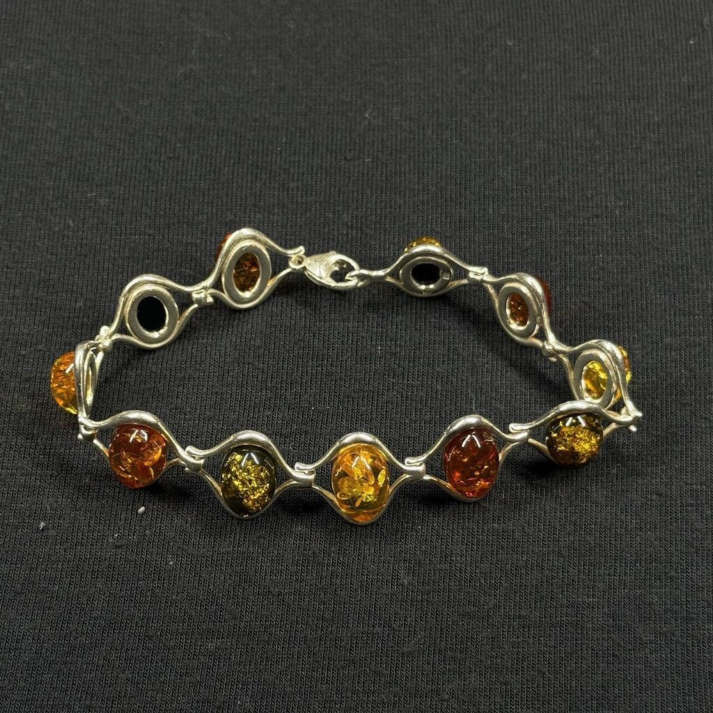 Estate Sterling Silver Tri-Color Amber Oval Link Bracelet Poland 925 7.5"
