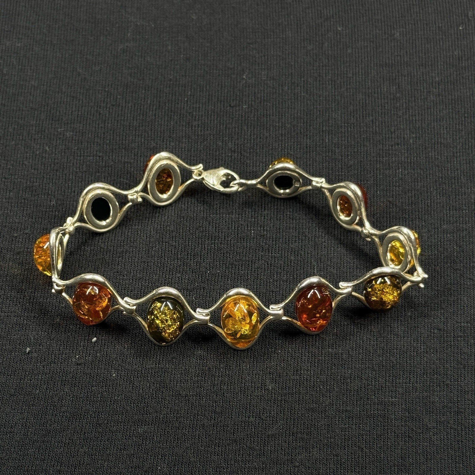 Estate Sterling Silver Tri-Color Amber Oval Link Bracelet Poland 925 7.5"