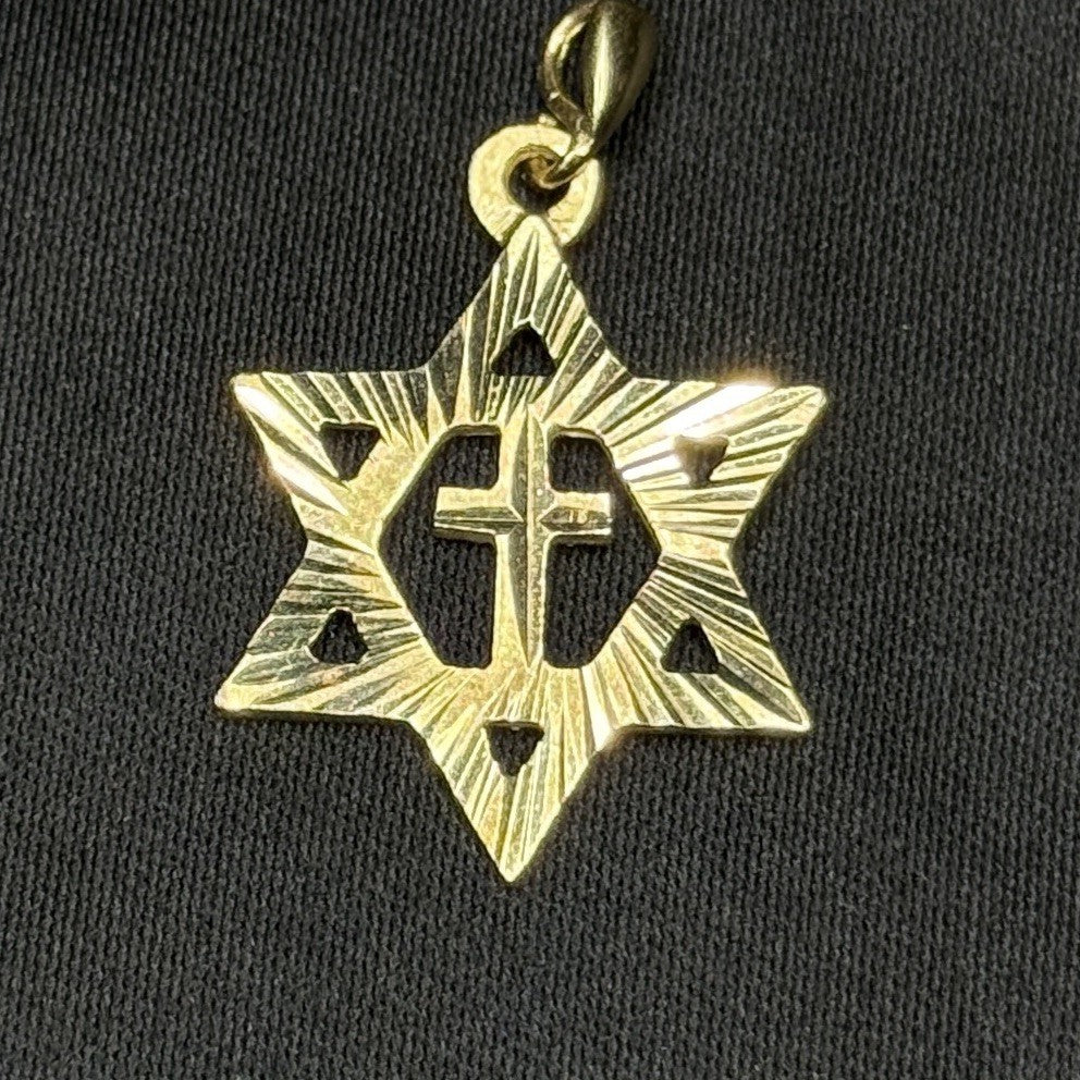 Estate 925 Sterling Silver Gold Star Of David With Central Cross Pendant