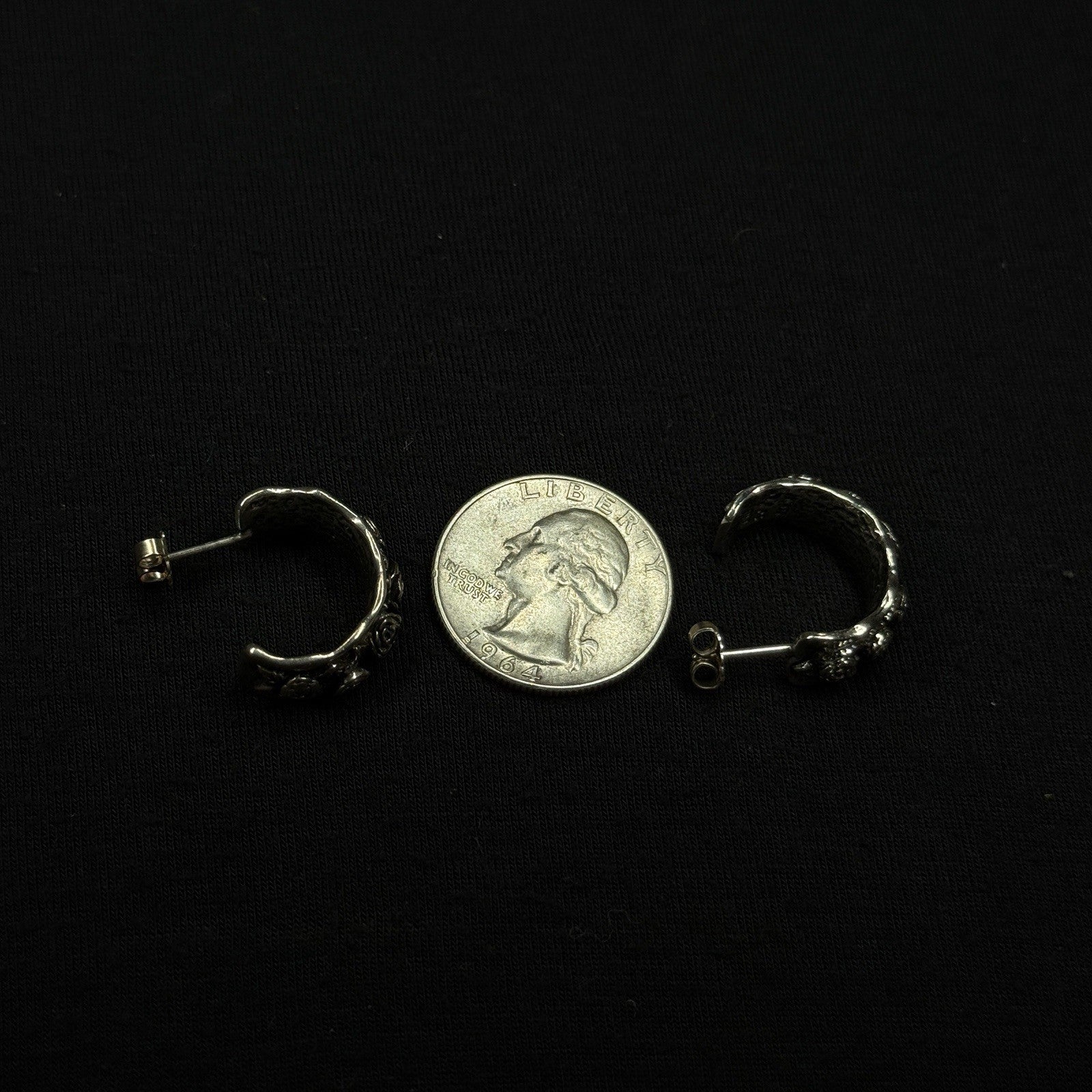 Estate Sterling Silver Earrings Floral  Half Hoop Stud 925 Israel