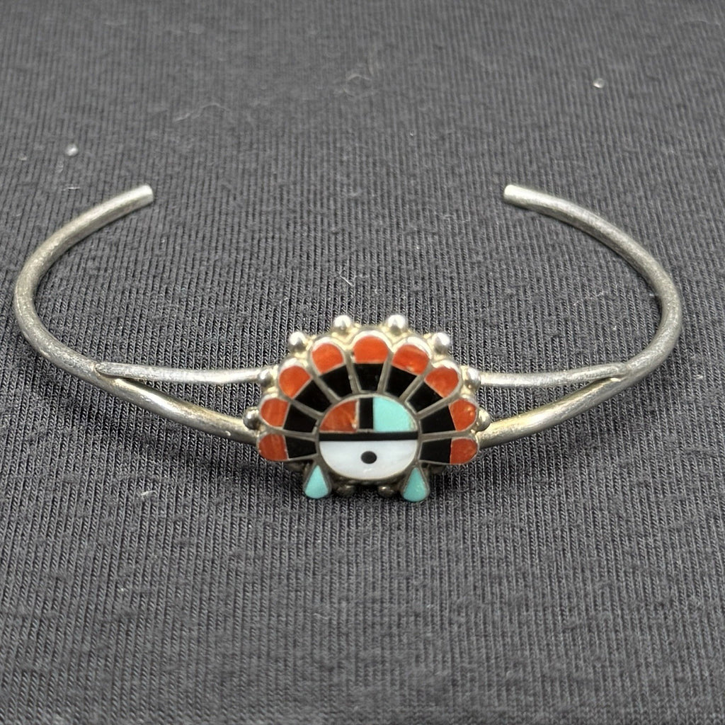 Native Sterling Silver Cuff Bracelet Zuni Sun Face Inlay Turquoise Coral 925 O R