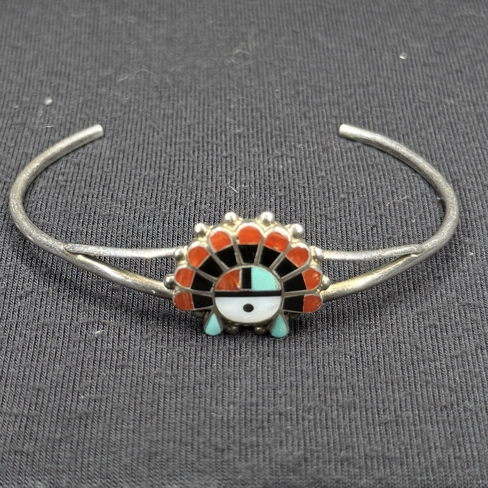 Native Sterling Silver Cuff Bracelet Zuni Sun Face Inlay Turquoise Coral 925 O R
