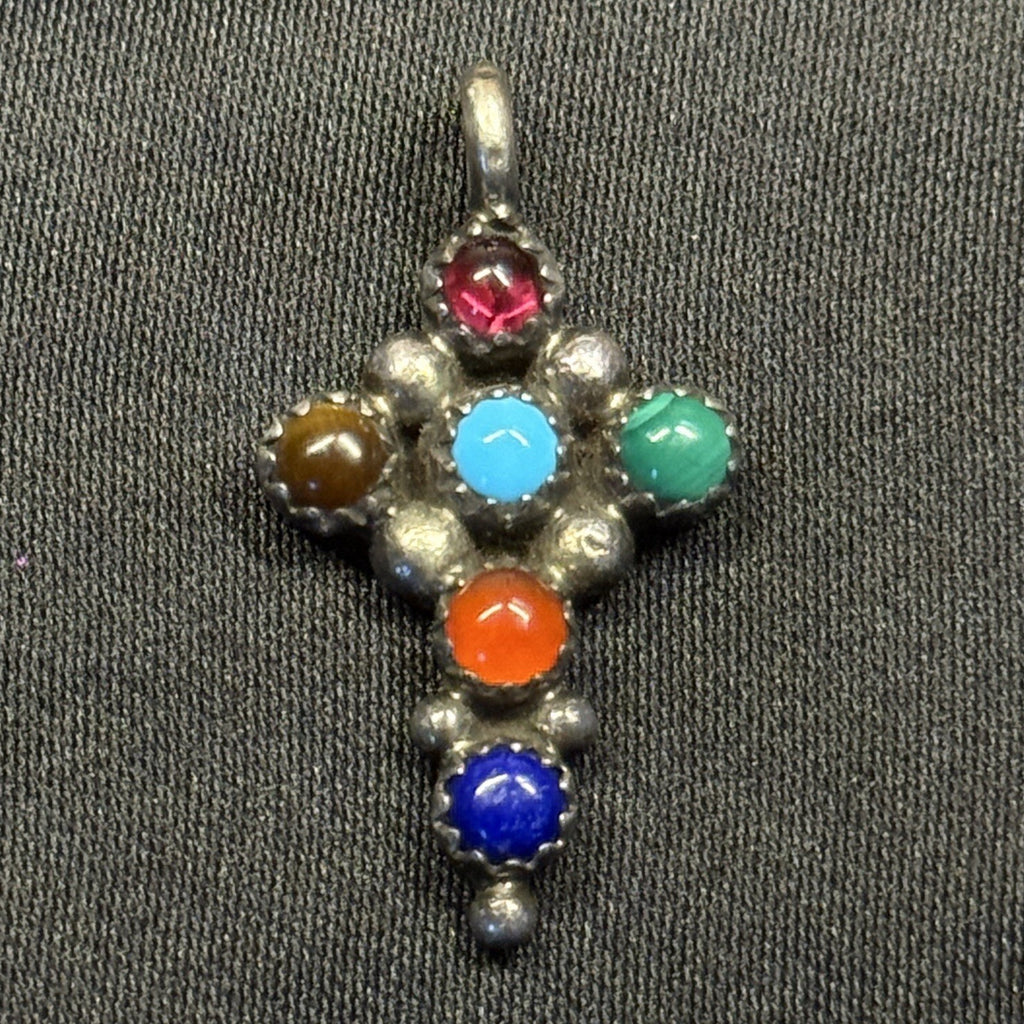 Native American Sterling Silver Pendant Multi Stone Cross Signed LB Navajo