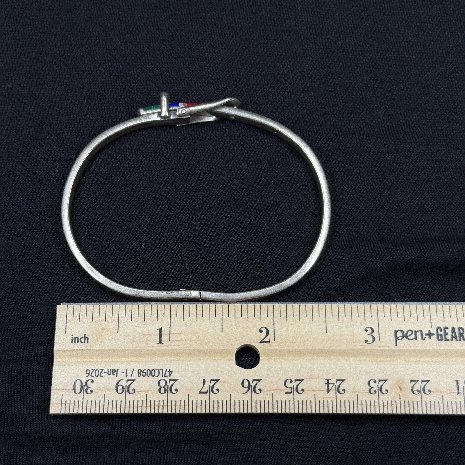 Estate Sterling Silver Belt Buckle Stone Inlay Bangle Bracelet Cuff 925 Mexico