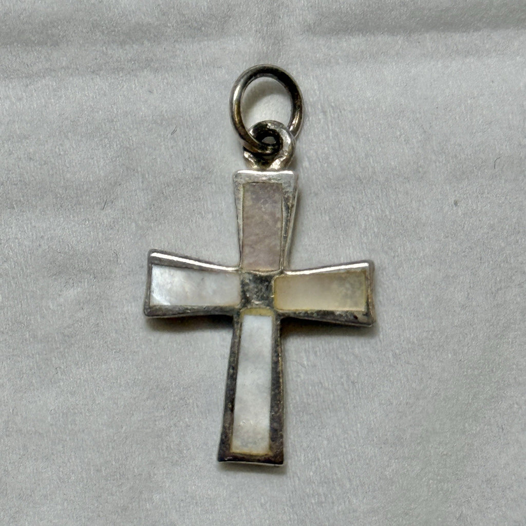Sterling Silver Mother of Pearl Cross inlay Vintage Pendant Signed