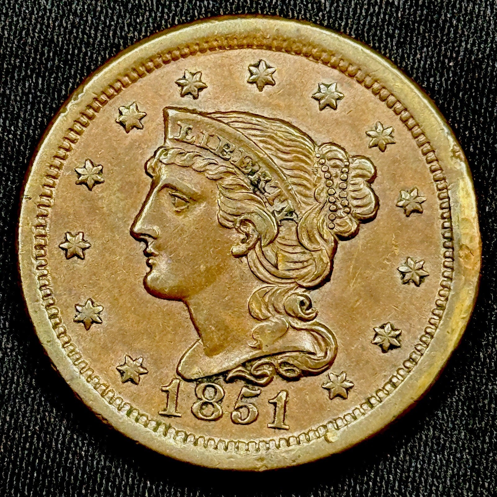 1851 Braided Hair Large Cent AU Details Lustrous Light Rim Bump