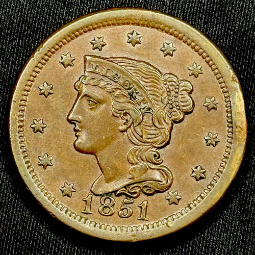 1851 Braided Hair Large Cent AU Details Lustrous Light Rim Bump