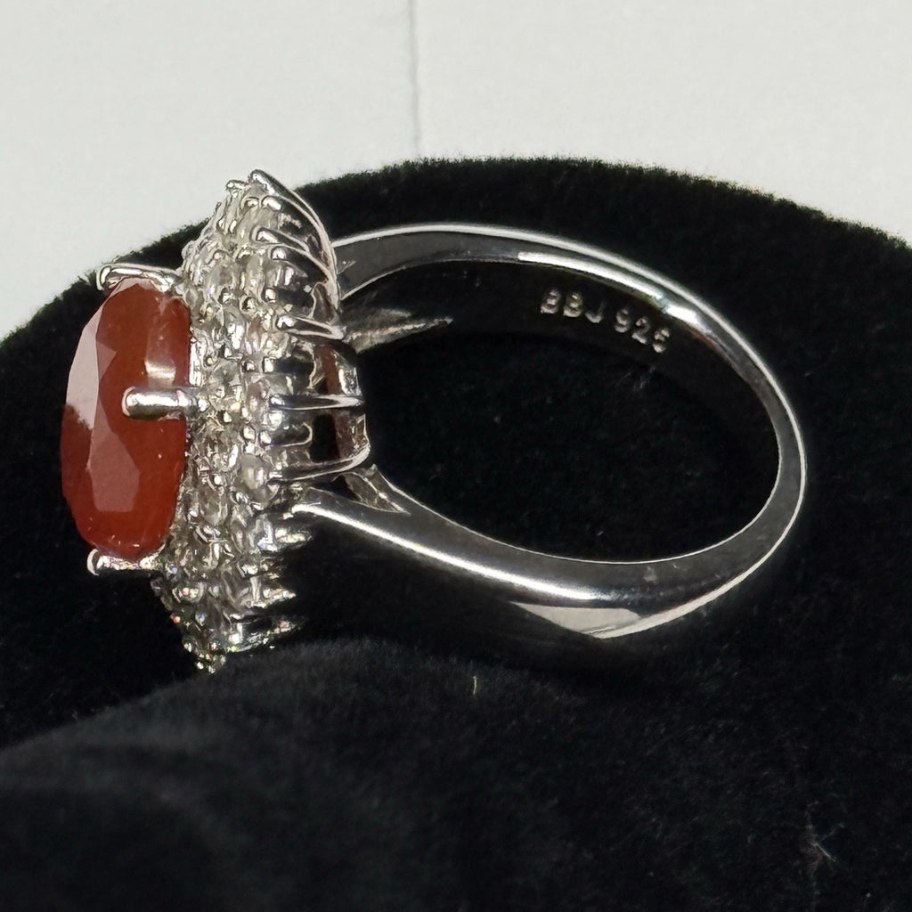Estate Sterling Silver Carnelian Agate CZ Halo Ring Size 4.75