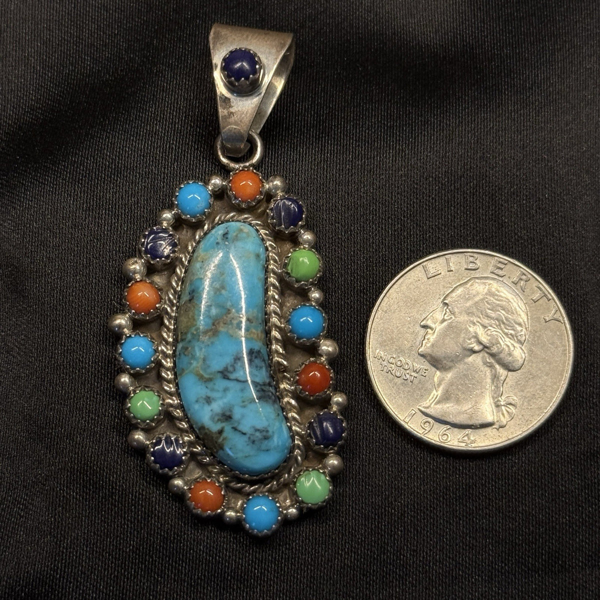 Native American Sterling Silver Pendant Turquoise Multi Stone Signed LN