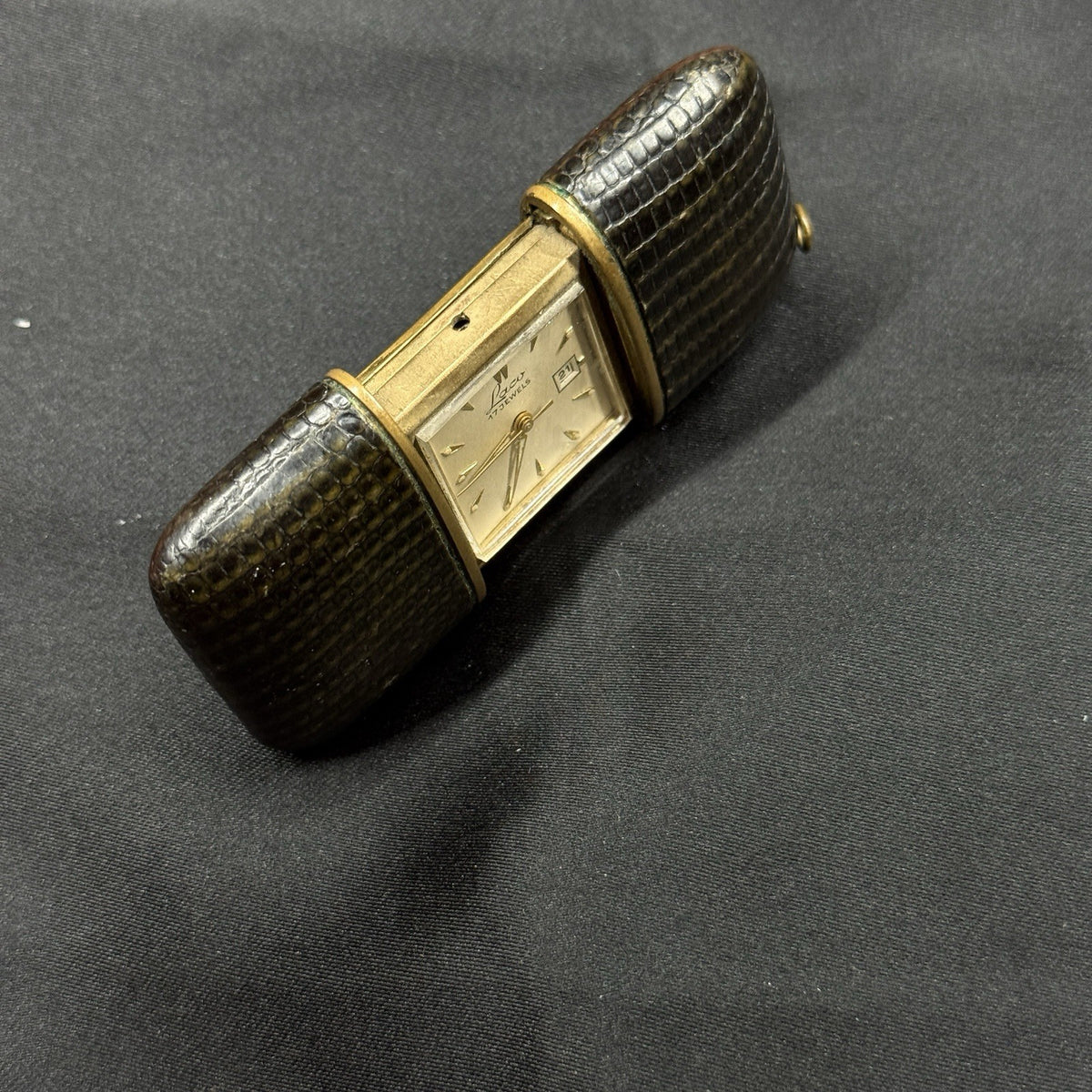 Laco Travel Pocket Watch Sliding Reptile Leather Case For Parts Or Repair