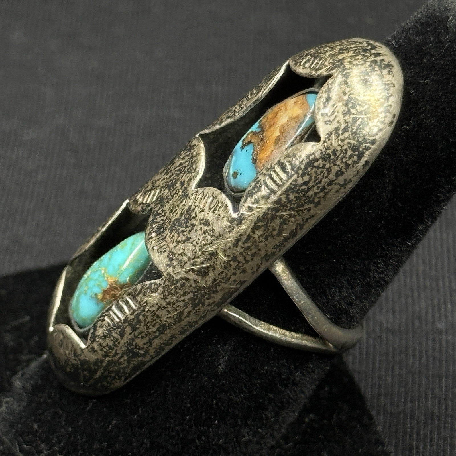 Native Double Shadow Box Turquoise Sterling Silver Ring Navajo Size 6.5 925