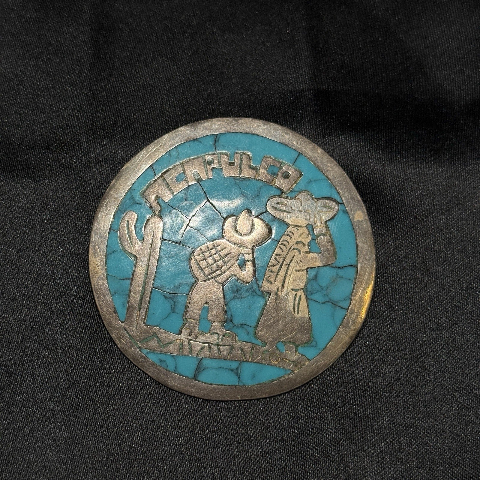 MEXICO STERLING 925 SILVER AND TURQUOISE INLAY ACAPULCO LARGE PIN BROOCH PENDANT