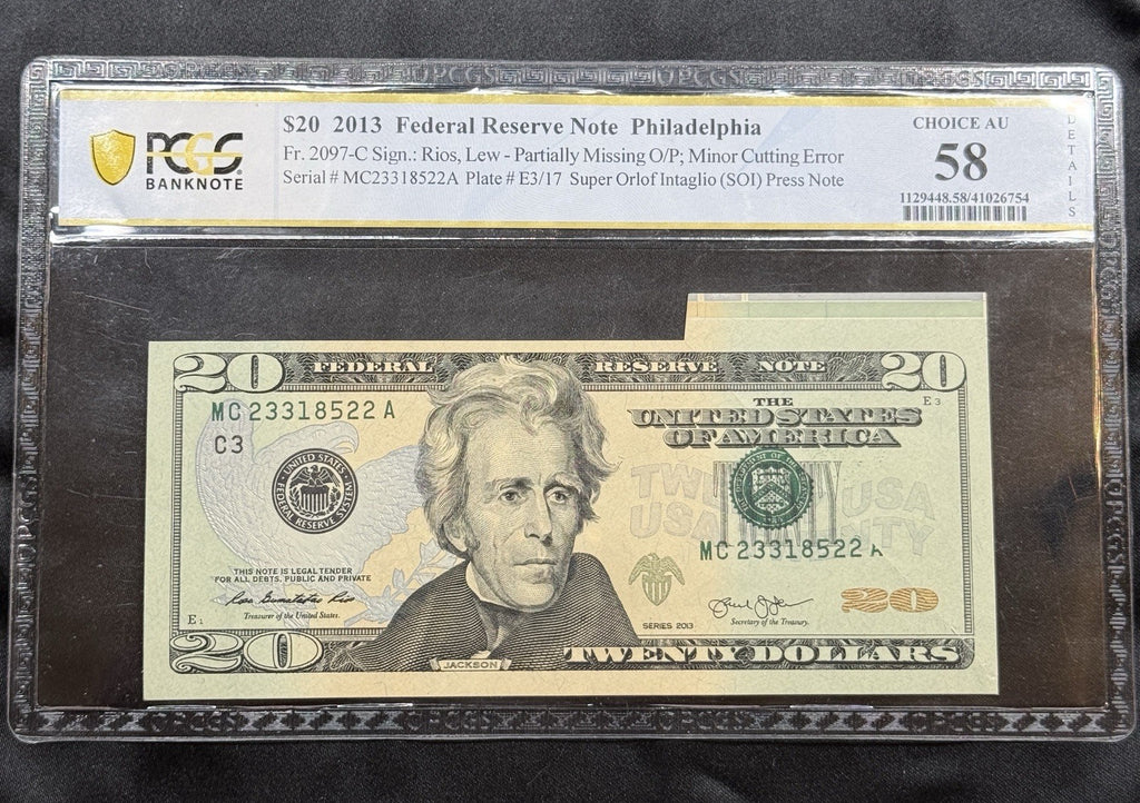 2013 $20 FRN ERROR PCGS AU58 Missing Overprint Cutting Error SOI Note Fr 2097-C