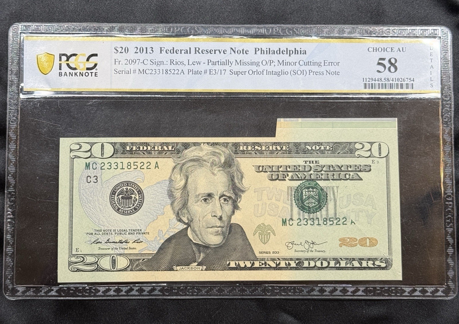 2013 $20 FRN ERROR PCGS AU58 Missing Overprint Cutting Error SOI Note Fr 2097-C
