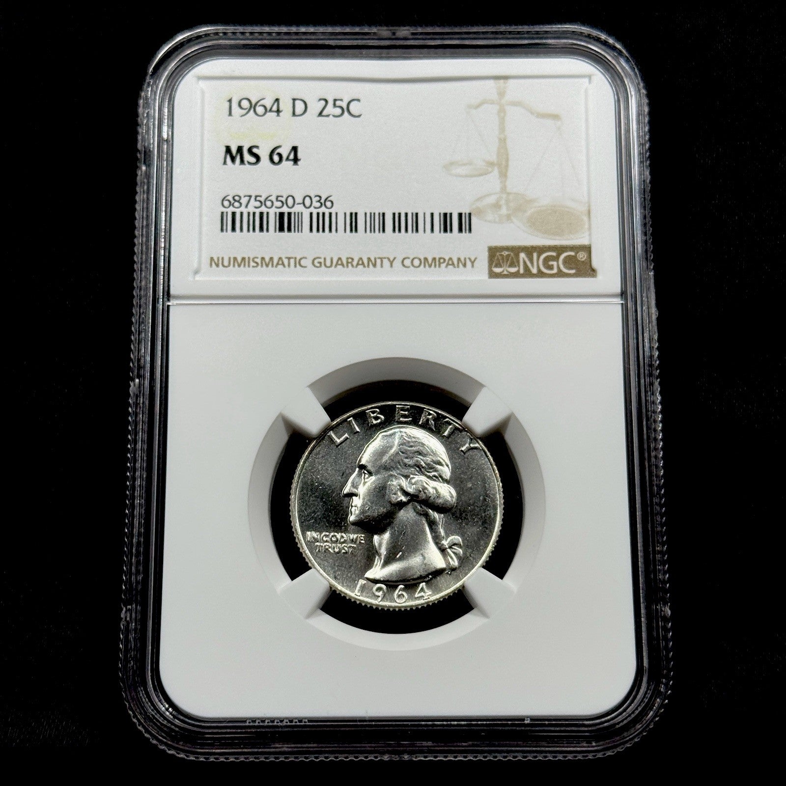1964-D Washington Quarter NGC MS64 Prooflike Obverse Cameo Gem BU