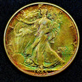 1945 Walking Liberty Half Dollar AU+ Monster Rainbow Toned Silver 50C
