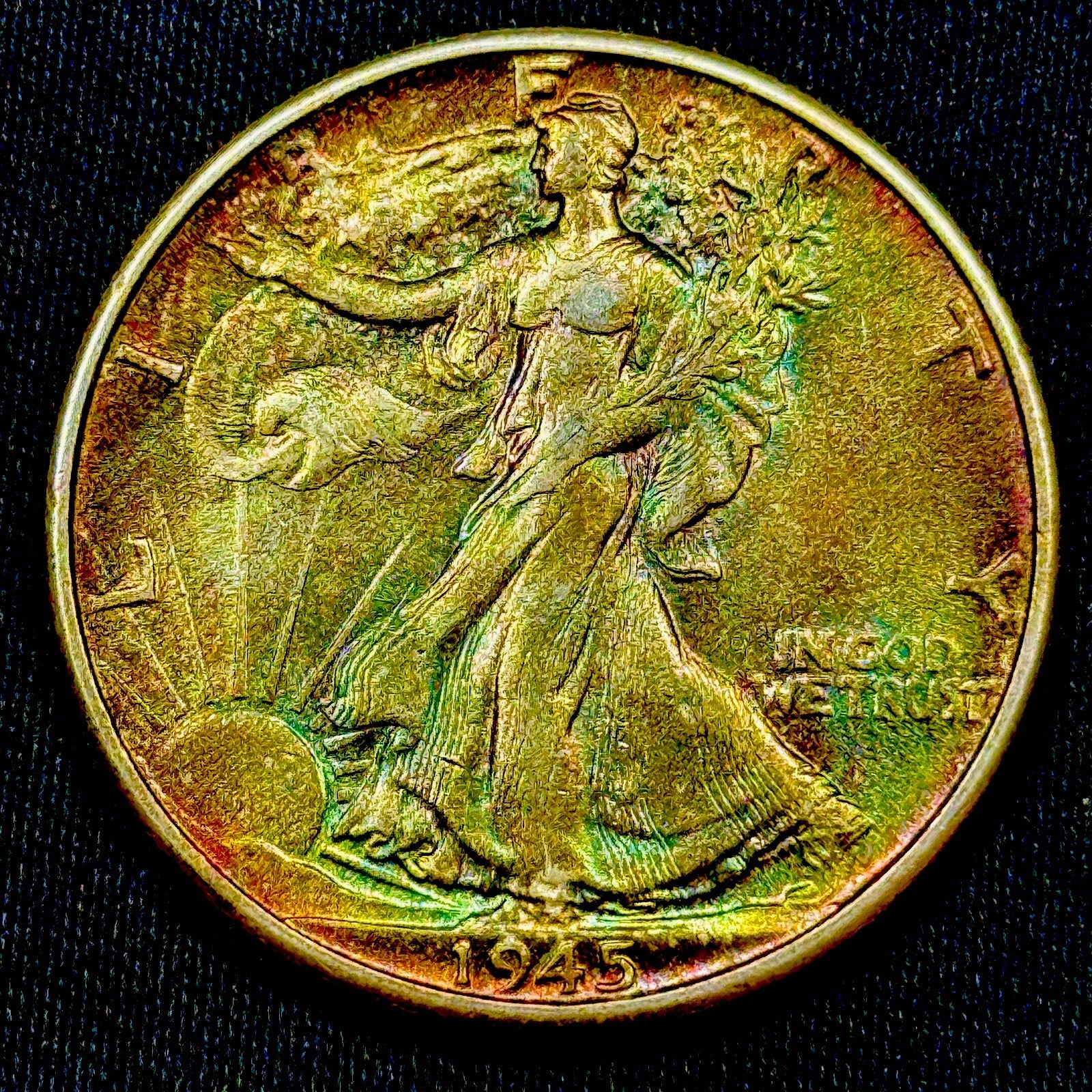 1945 Walking Liberty Half Dollar AU+ Monster Rainbow Toned Silver 50C