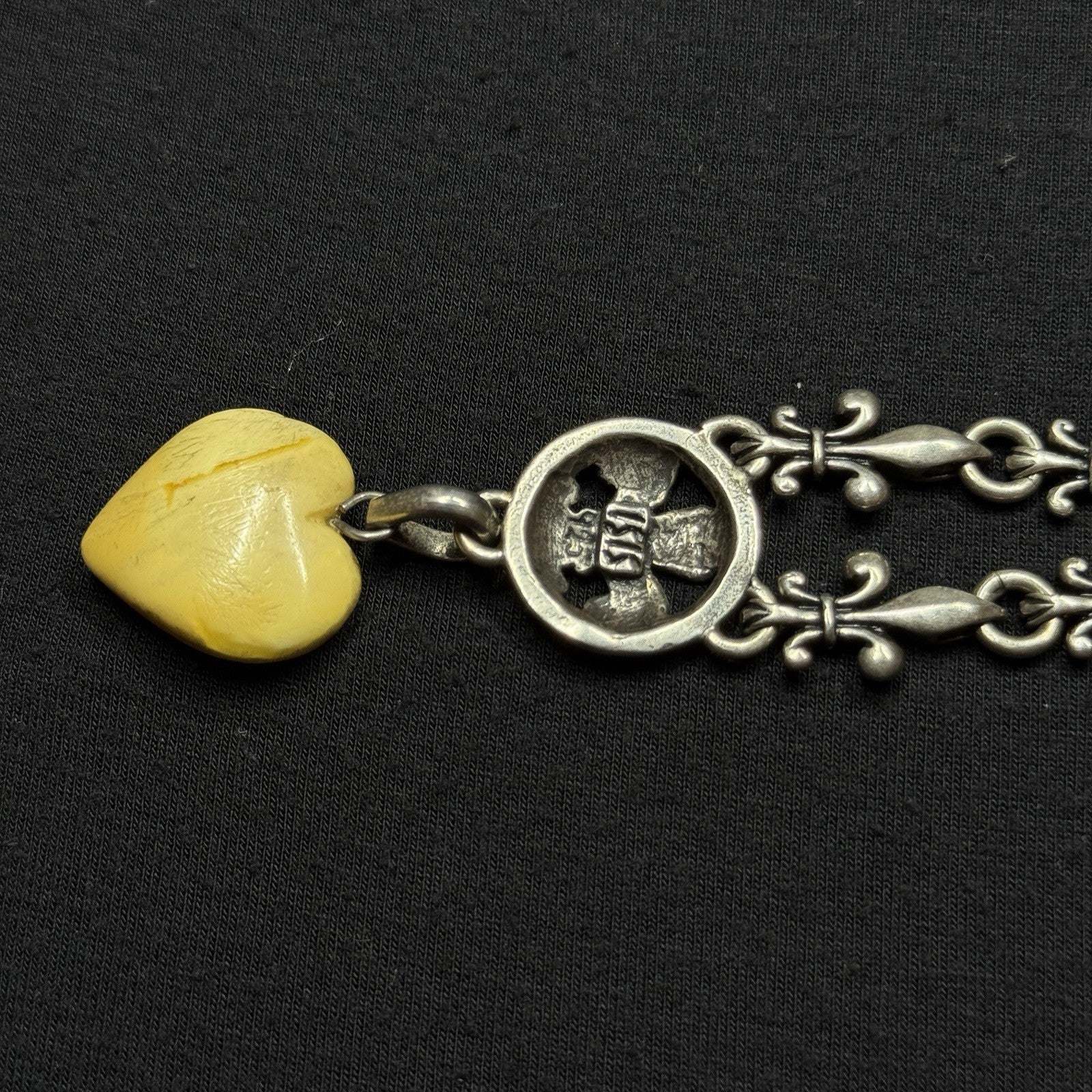 Darren Simonian Sterling Silver Fleur de Lis Necklace Amber Heart Pendant 925