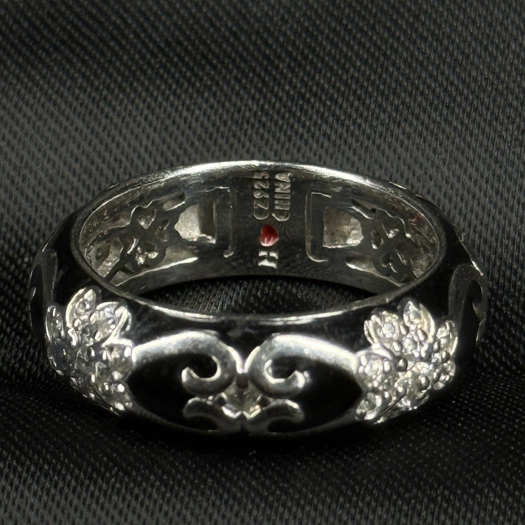 Estate Sterling Silver Ring Black Enamel CZ Floral Size 7 925