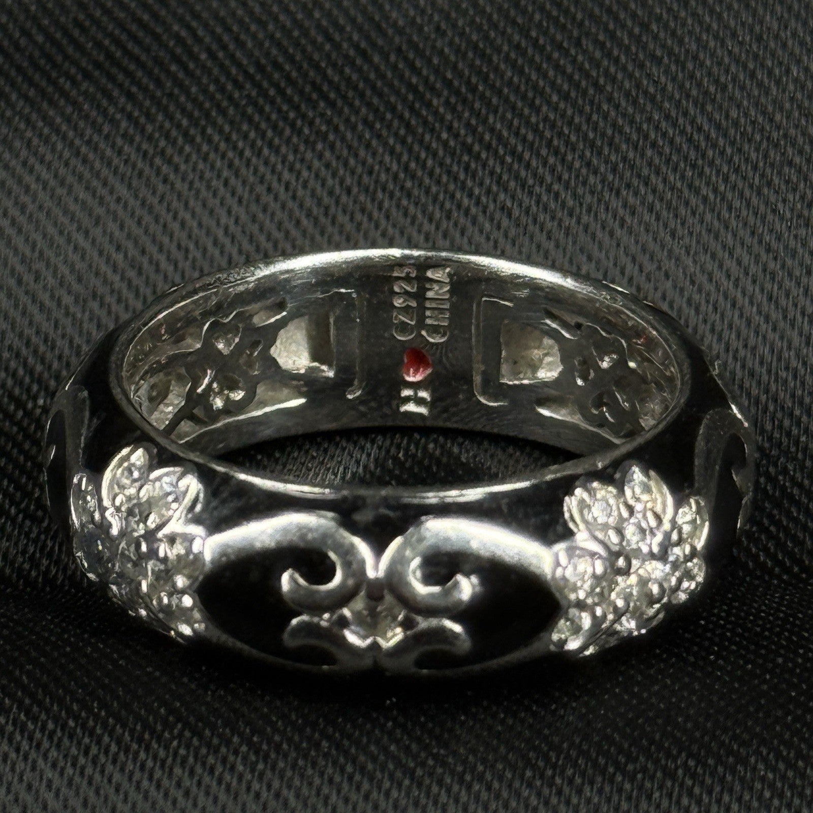 Estate Sterling Silver Ring Black Enamel CZ Floral Size 7 925