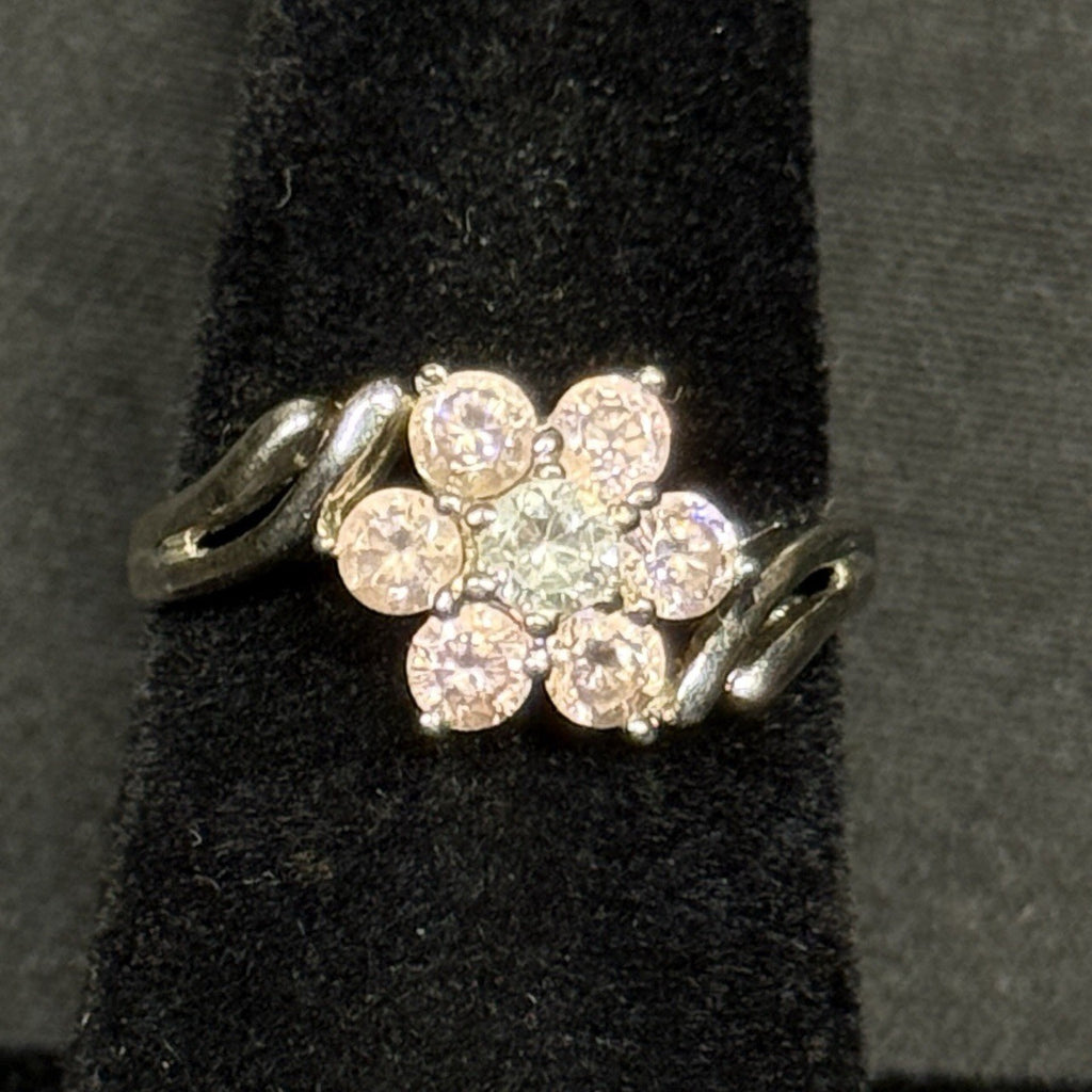 Estate Sterling Silver Ring Flower CZ & Pink Topaz Size 5 925