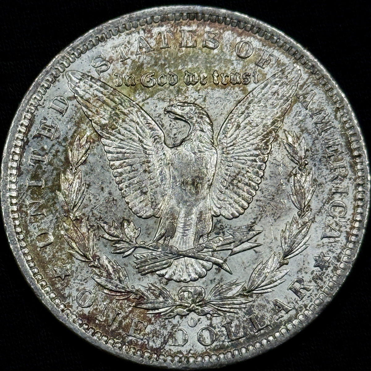 1885-O Morgan Silver Dollar Raw About Uncirculated Slider Original Toned Rainbow