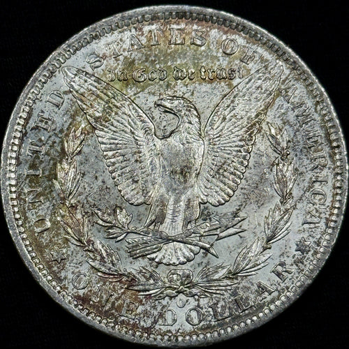 1885-O Morgan Silver Dollar Raw About Uncirculated Slider Original Toned Rainbow
