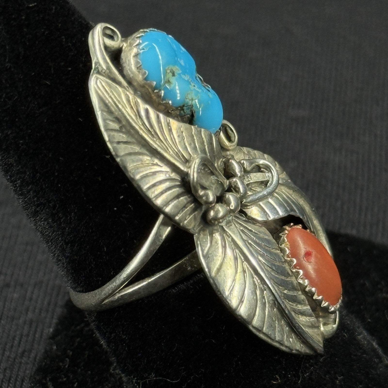 Native Turquoise Coral Feather Sterling Silver Ring Size 6.75 925 B Begay