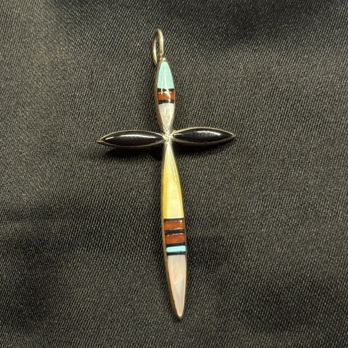 Native American Sterling Silver Pendant Inlay MOP  Coral Turquoise Signed Zuni