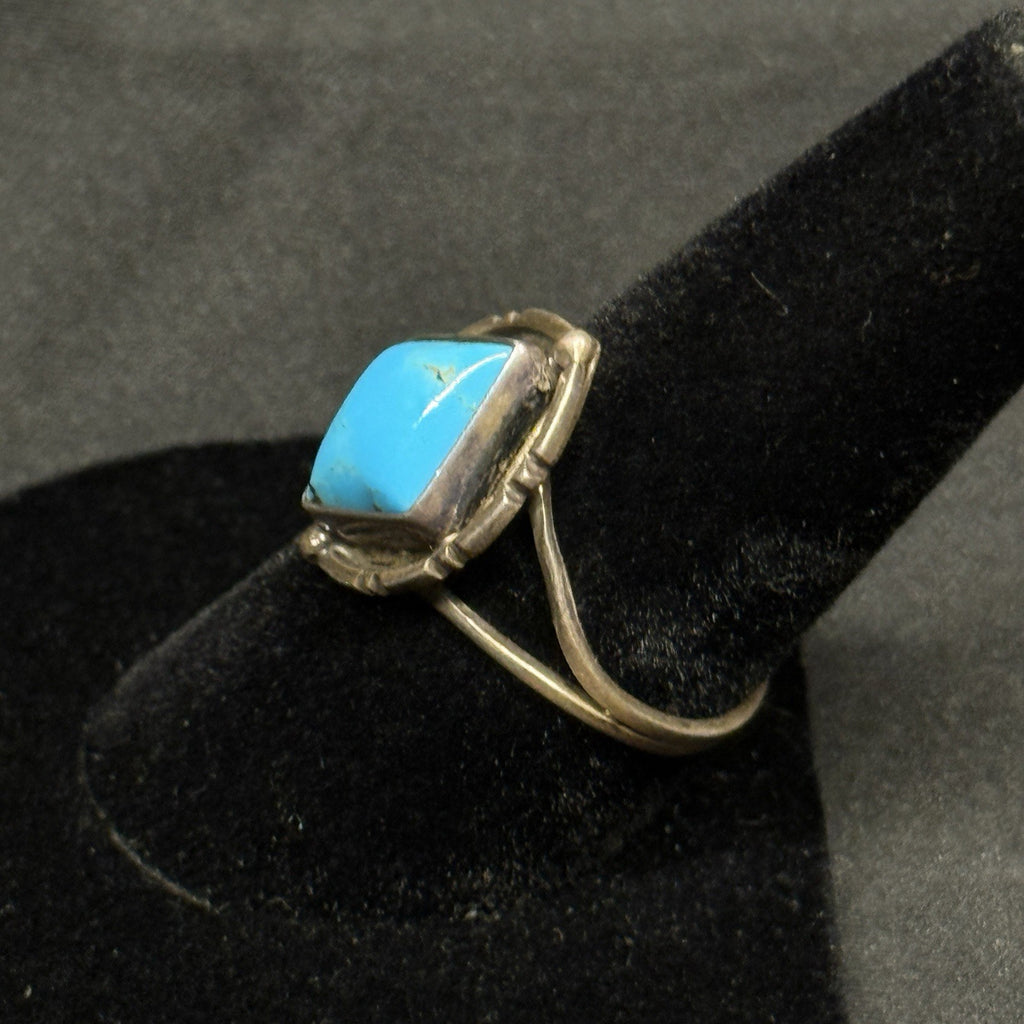 Native Running Bear Sterling Silver Ring Turquoise Signed RB Size 7.5