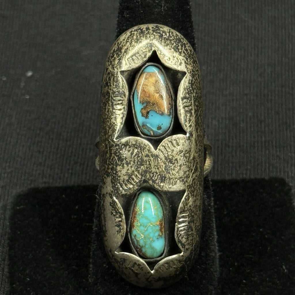 Native Double Shadow Box Turquoise Sterling Silver Ring Navajo Size 6.5 925