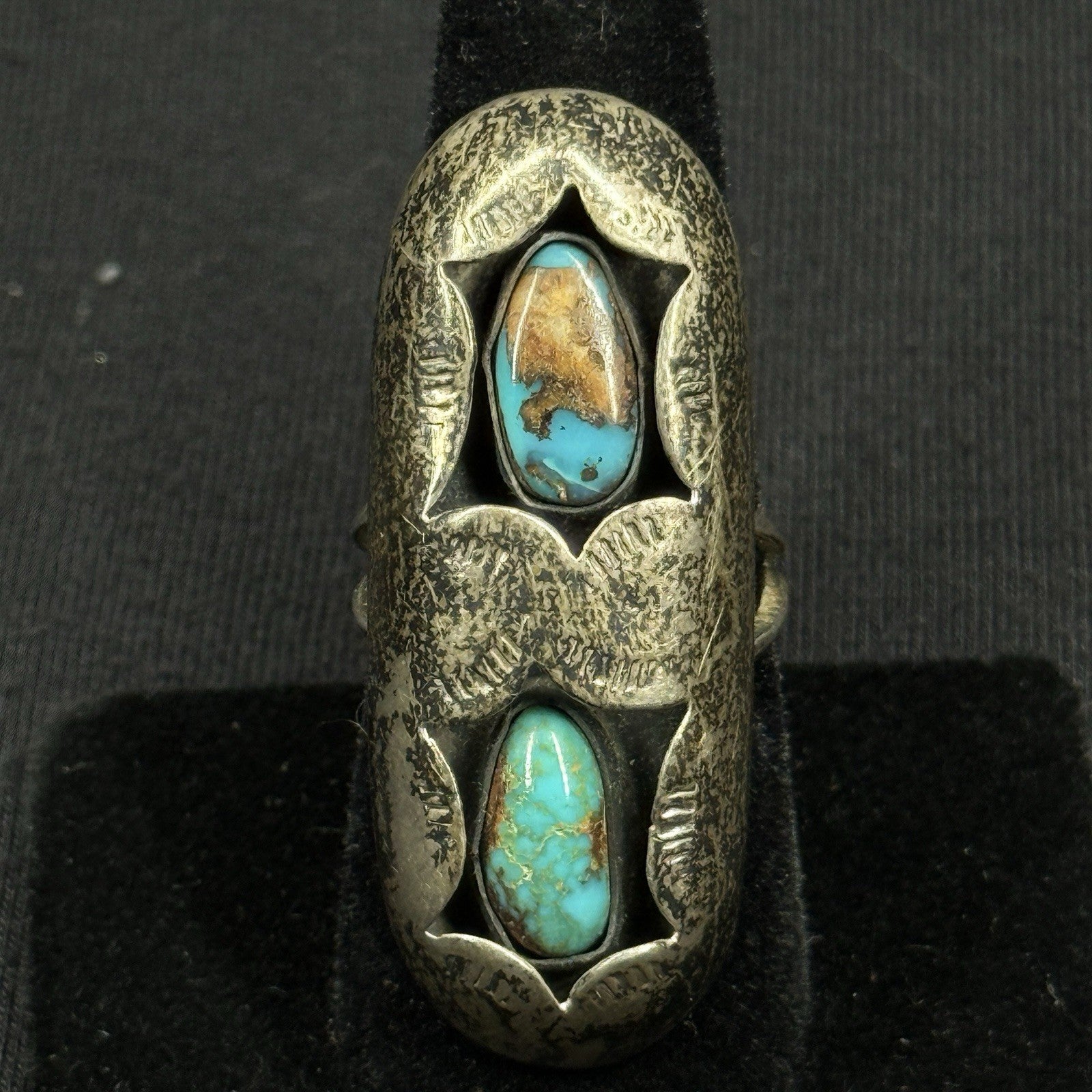 Native Double Shadow Box Turquoise Sterling Silver Ring Navajo Size 6.5 925