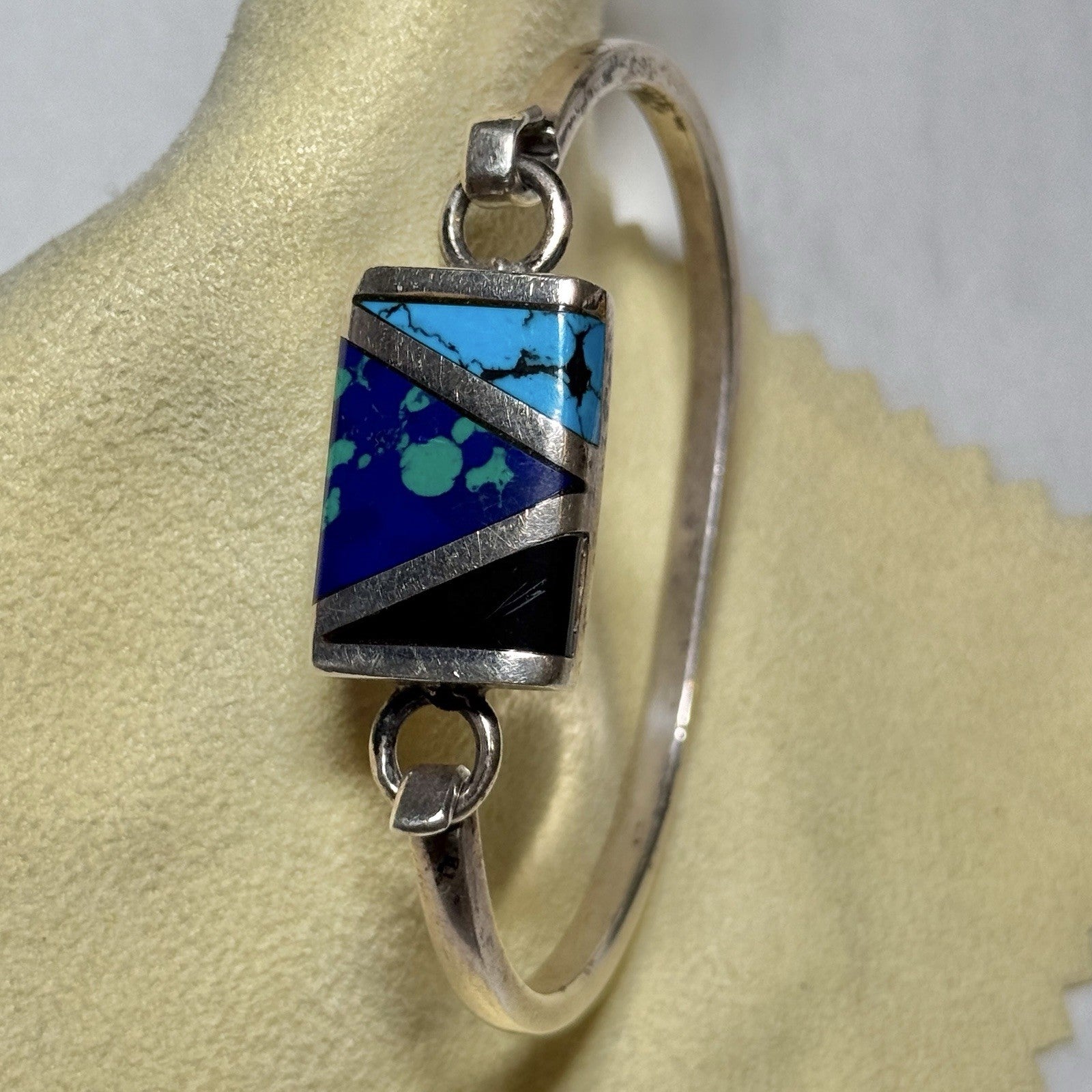 Vintage Mexico 925 Sterling Silver Inlay Cuff Bracelet Signed Plata 925 EBB