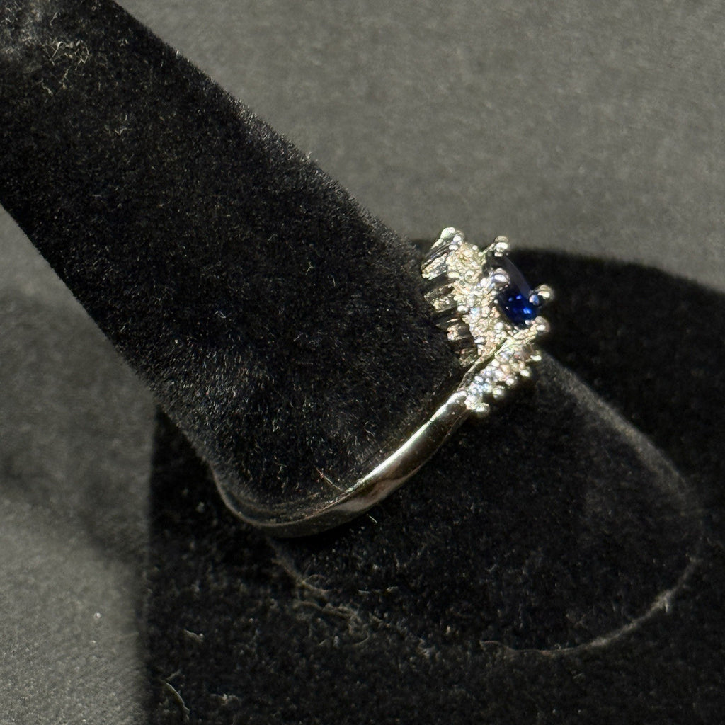 Estate Sterling Silver Ring Stone Blue Sapphire Halo CZ SZ 8.25 925