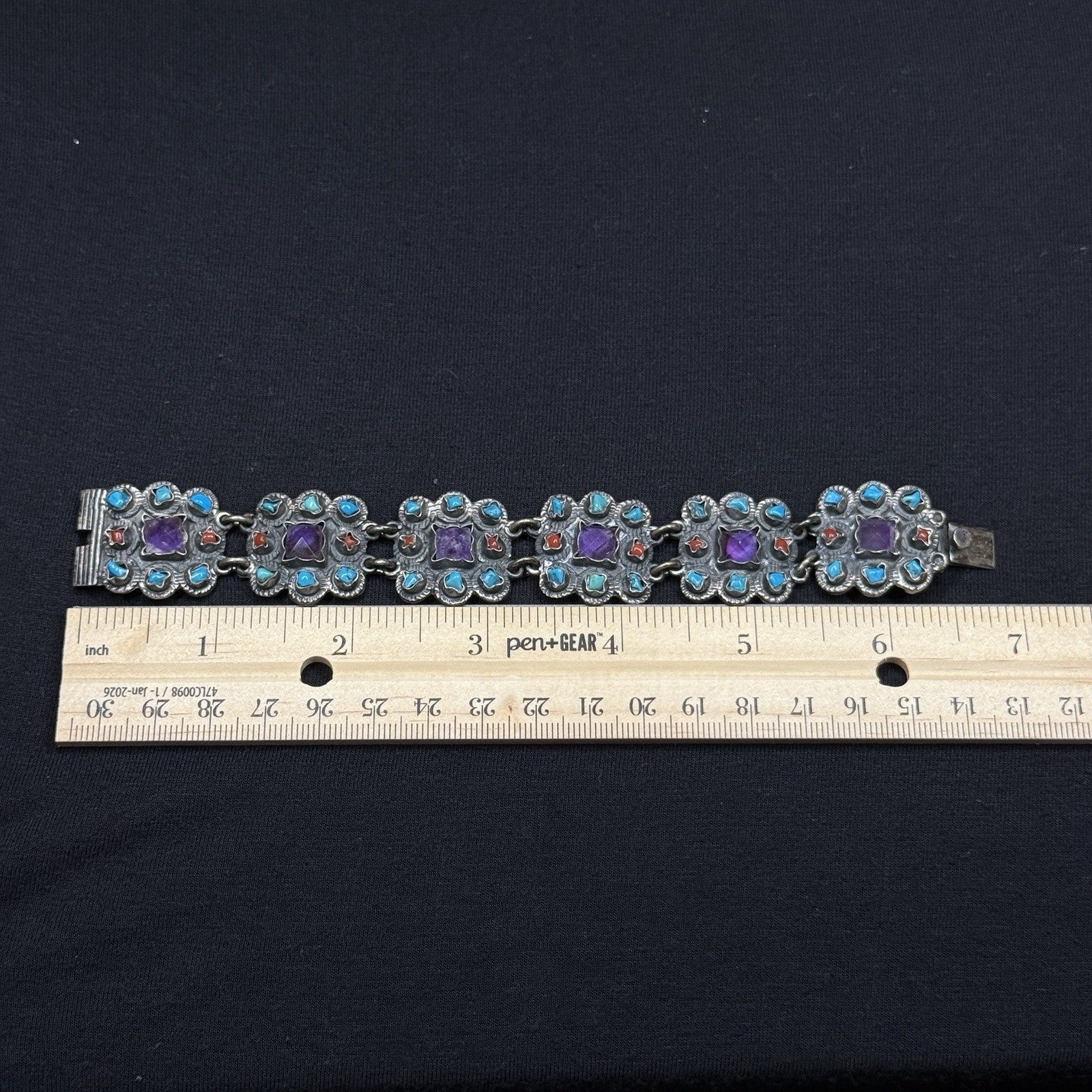 Estate Sterling Silver Matl Style Amethyst Turquoise Coral Bracelet 925 TP-102MX