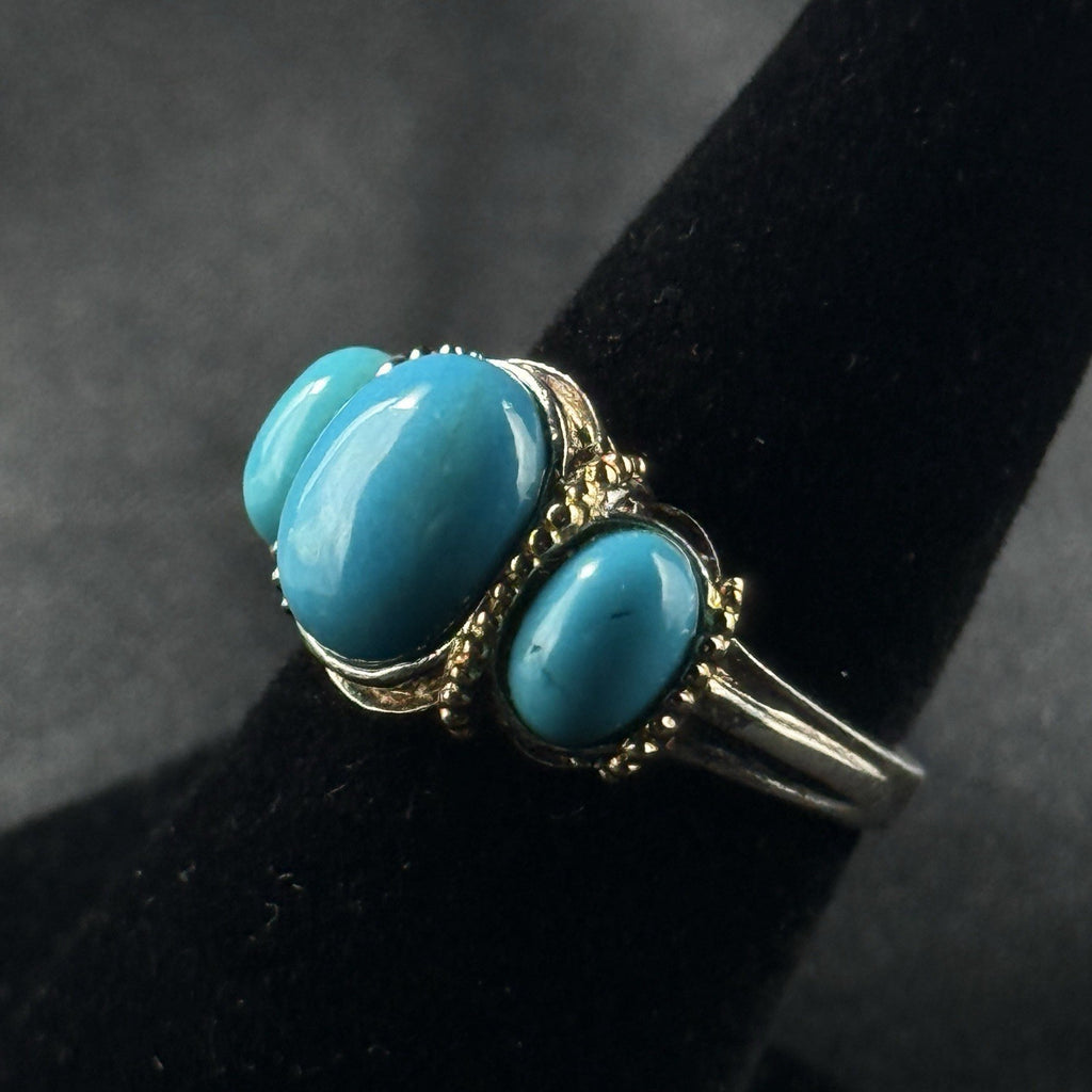 Estate Sterling Silver Ring Turquoise Vermeil 3 Stone Size 6 925