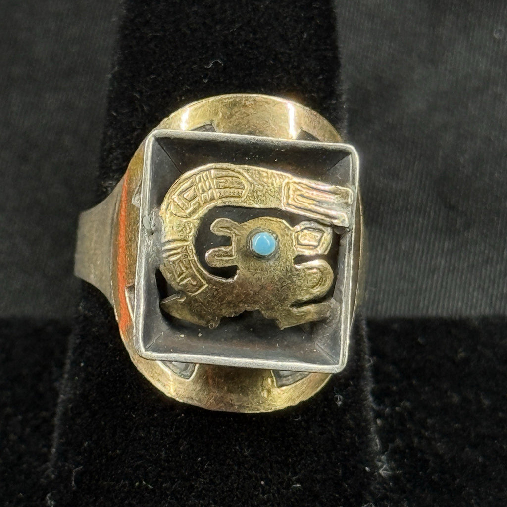 Estate Sterling Silver 18K Gold Ring Peruvian Turquoise Bird Ring Size 10