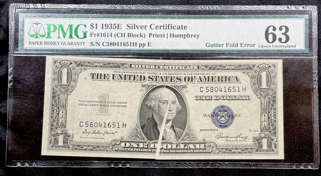 1935E $1 Silver Certificate ERROR Fr 1614 PMG 63 Gutter Fold Choice UNC Note