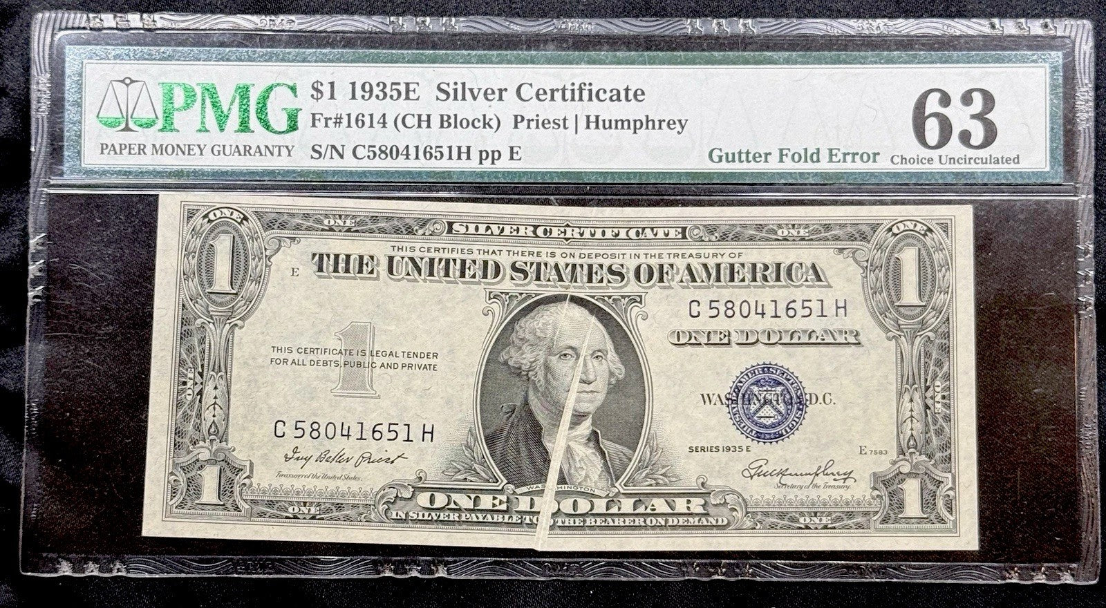 1935E $1 Silver Certificate ERROR Fr 1614 PMG 63 Gutter Fold Choice UNC Note